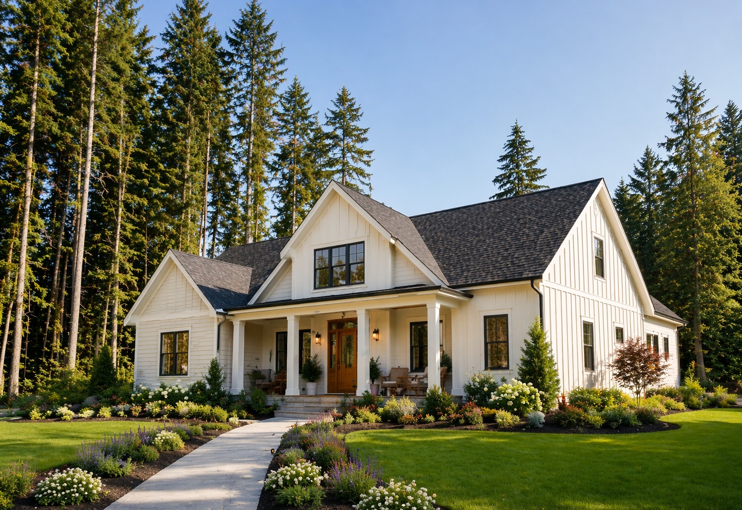 A finished white farmhouse with a covered porch on a landscaped lot